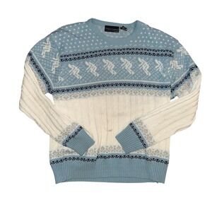 Peter England Vintage Reindeer Fair Isle Cable Knit Sweater Blue White XL